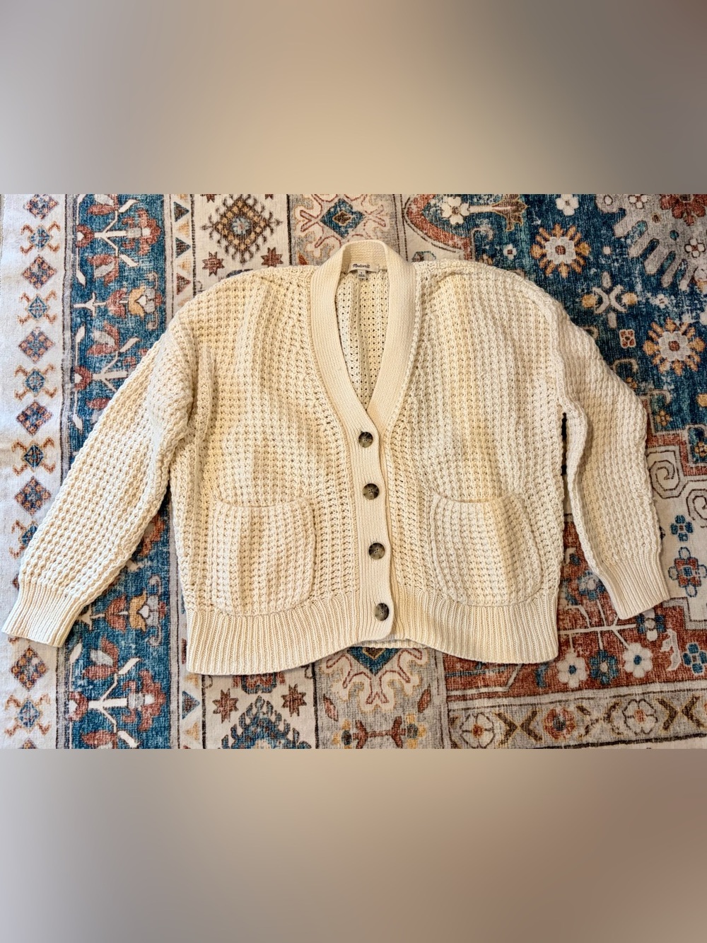 Madewell Cream Waffle-Knit Button Front Cardigan
